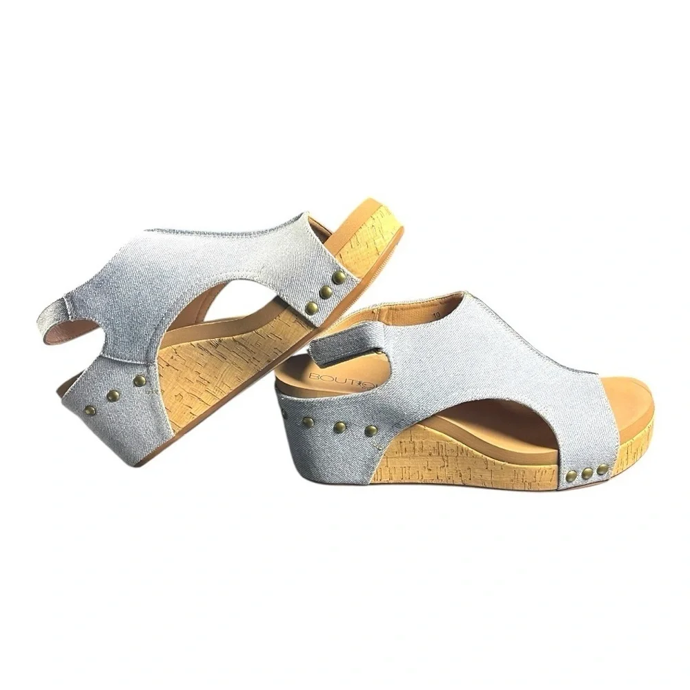 Corkys “Carley” Denim Wedge Sandals - Size 10